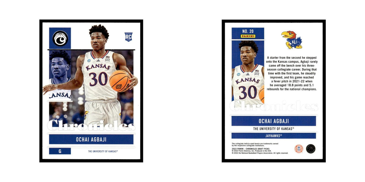 Ochai Agbaji Rookie 2022 Panini Chronicles Draft #20 Kansas Jayhawks NM