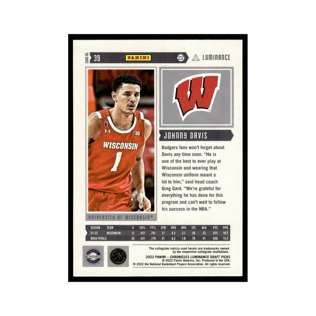 Johnny Davis Rookie 2022 Panini Chronicles Luminance Draft #39 NM