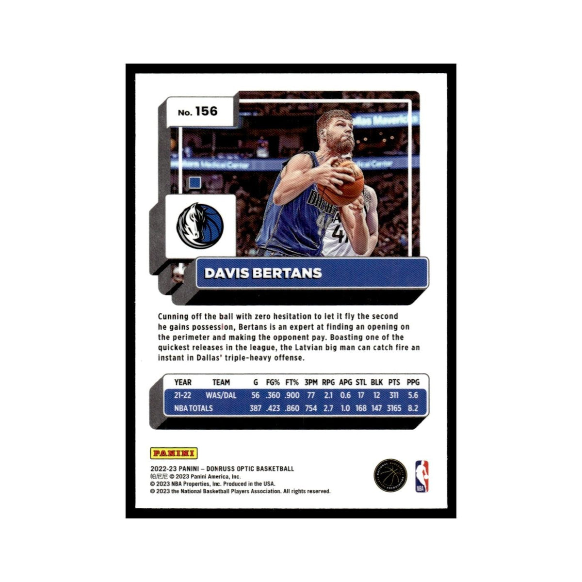 Davis Bertans 2022 Donruss Optic #156 Dallas Mavericks Basketball Card NM