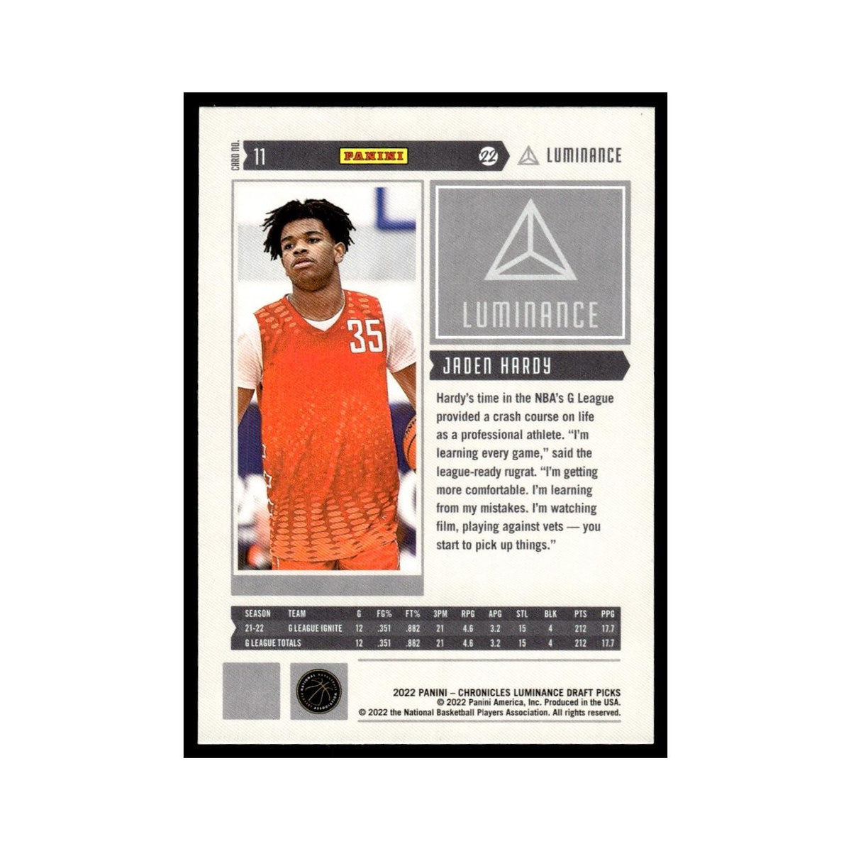 Jaden Hardy Rookie 2022 Panini Chronicles Luminance Draft #11 Basketball Card NM