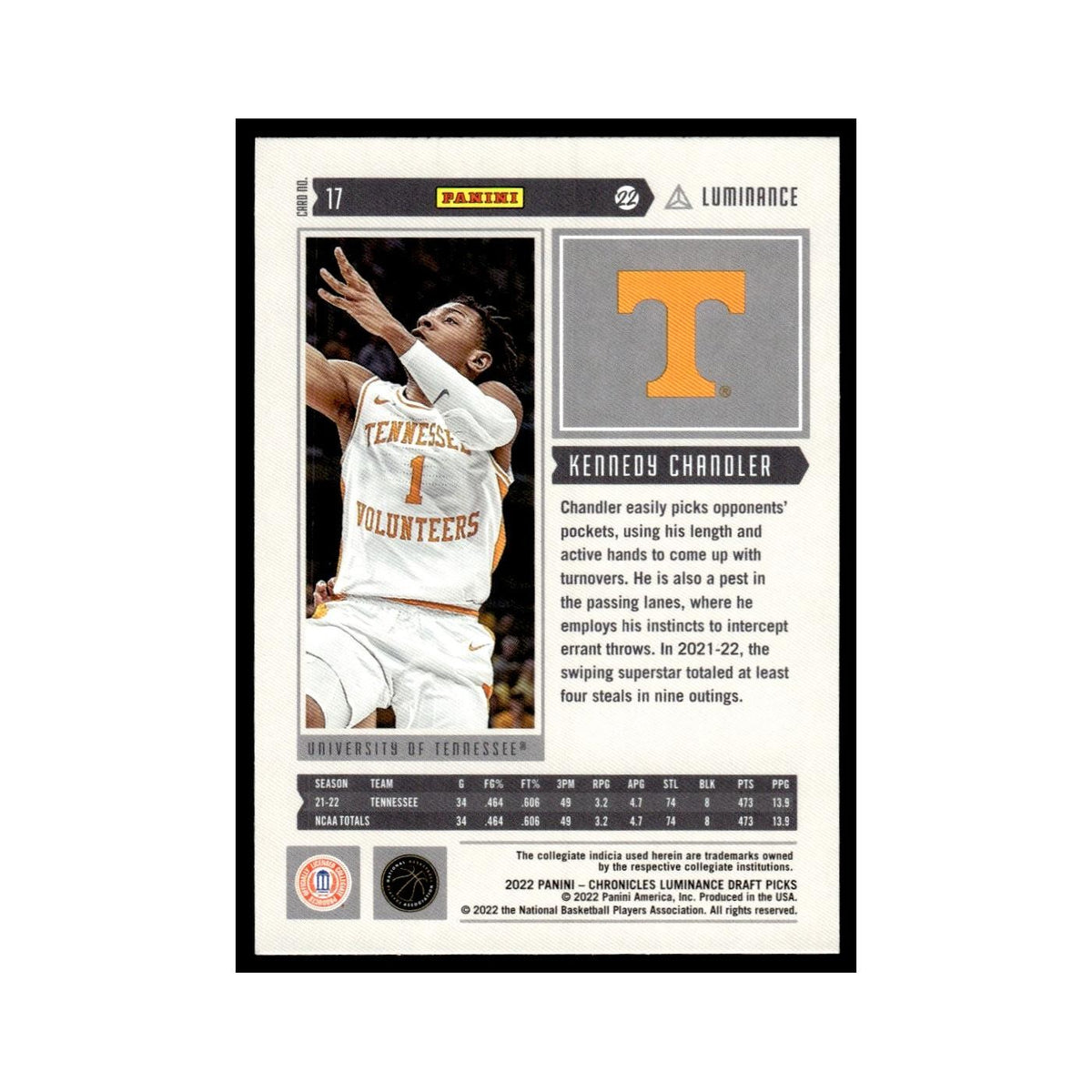 Kennedy Chandler Rookie 2022 Panini Chronicles Luminance Draft #17 NM