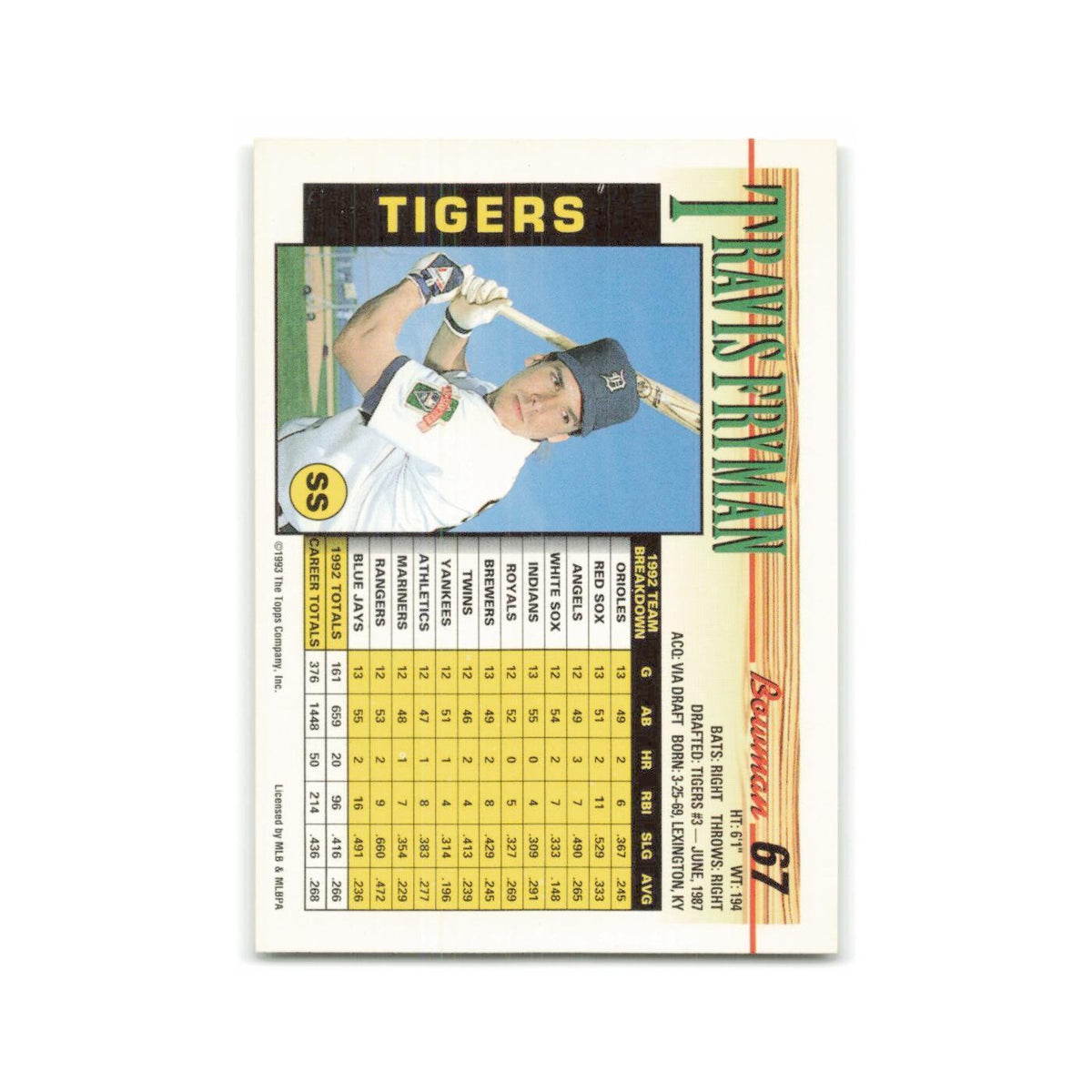 Travis Fryman 1993 Bowman #67 Detroit Tigers Baseball Card NM
