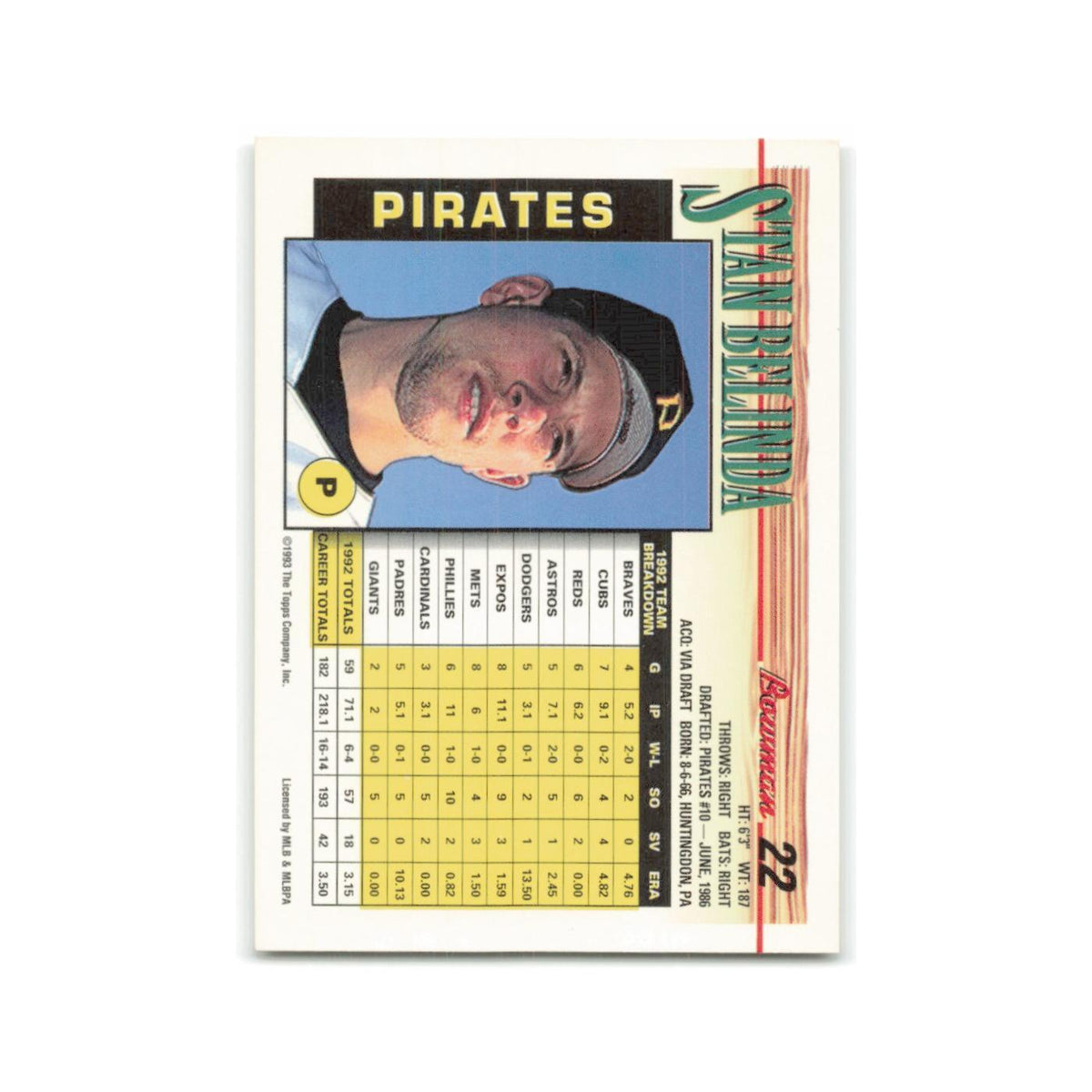 Stan Belinda 1993 Bowman #22 Pittsburgh Pirates Baseball Card NM