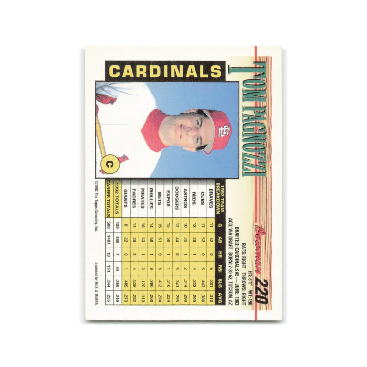 Tom Pagnozzi 1993 Bowman #220 St. Louis Cardinals Baseball Card NM