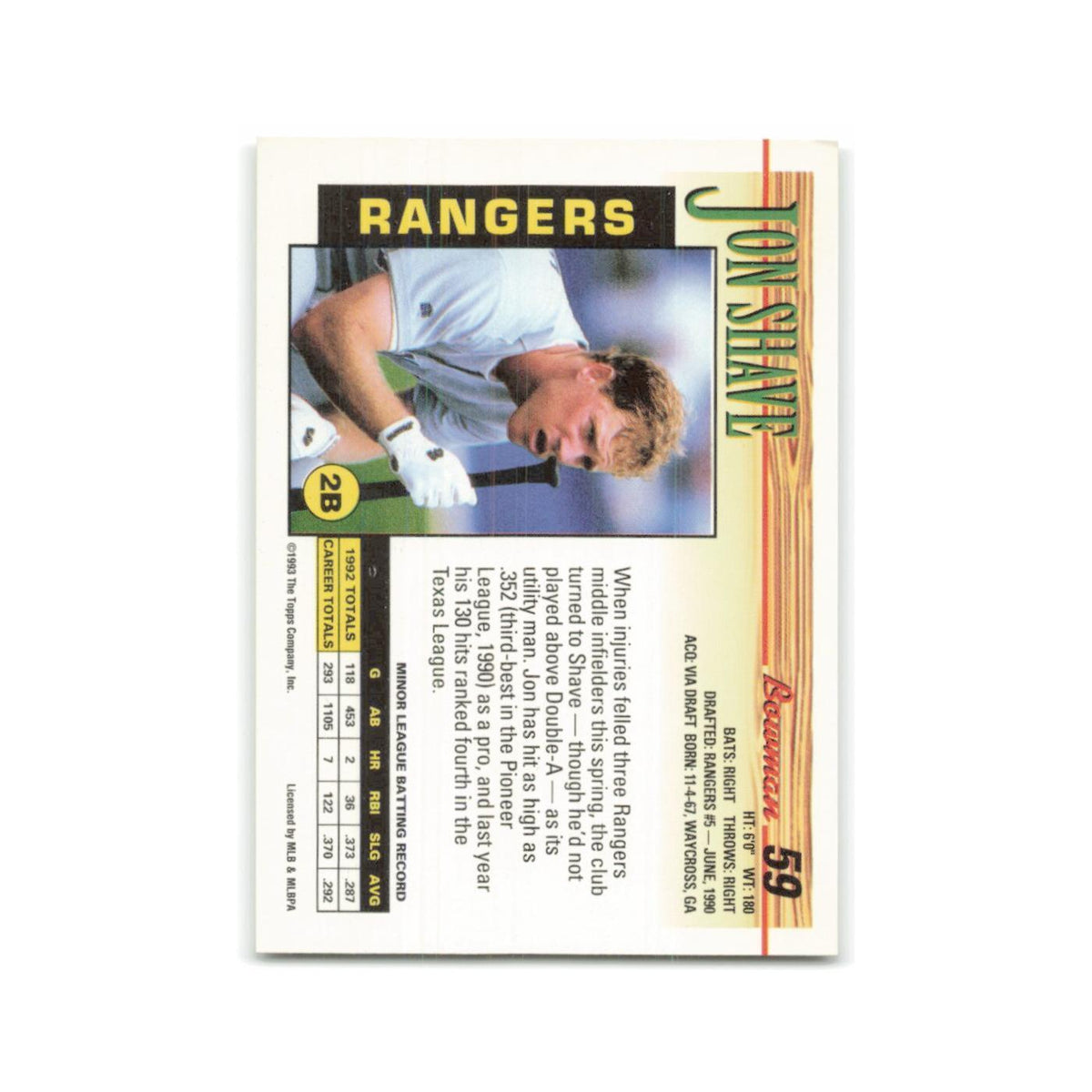 Jon Shave Rookie 1993 Bowman #59 Texas Rangers Baseball Card NM