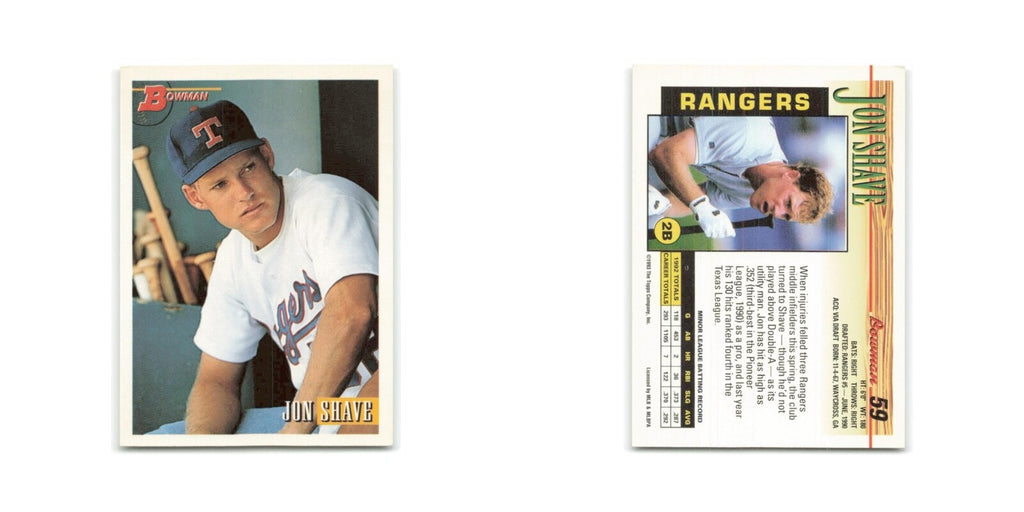 Jon Shave Rookie 1993 Bowman #59 Texas Rangers Baseball Card NM