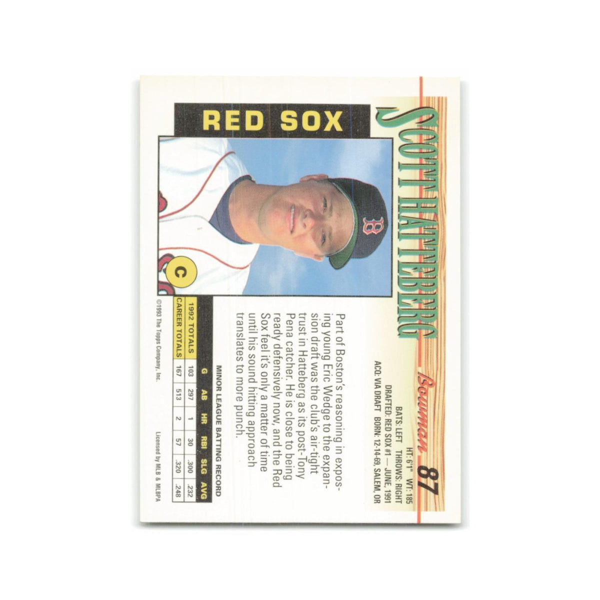 Scott Hatteberg 1993 Bowman #87 Boston Red Sox Baseball Card NM