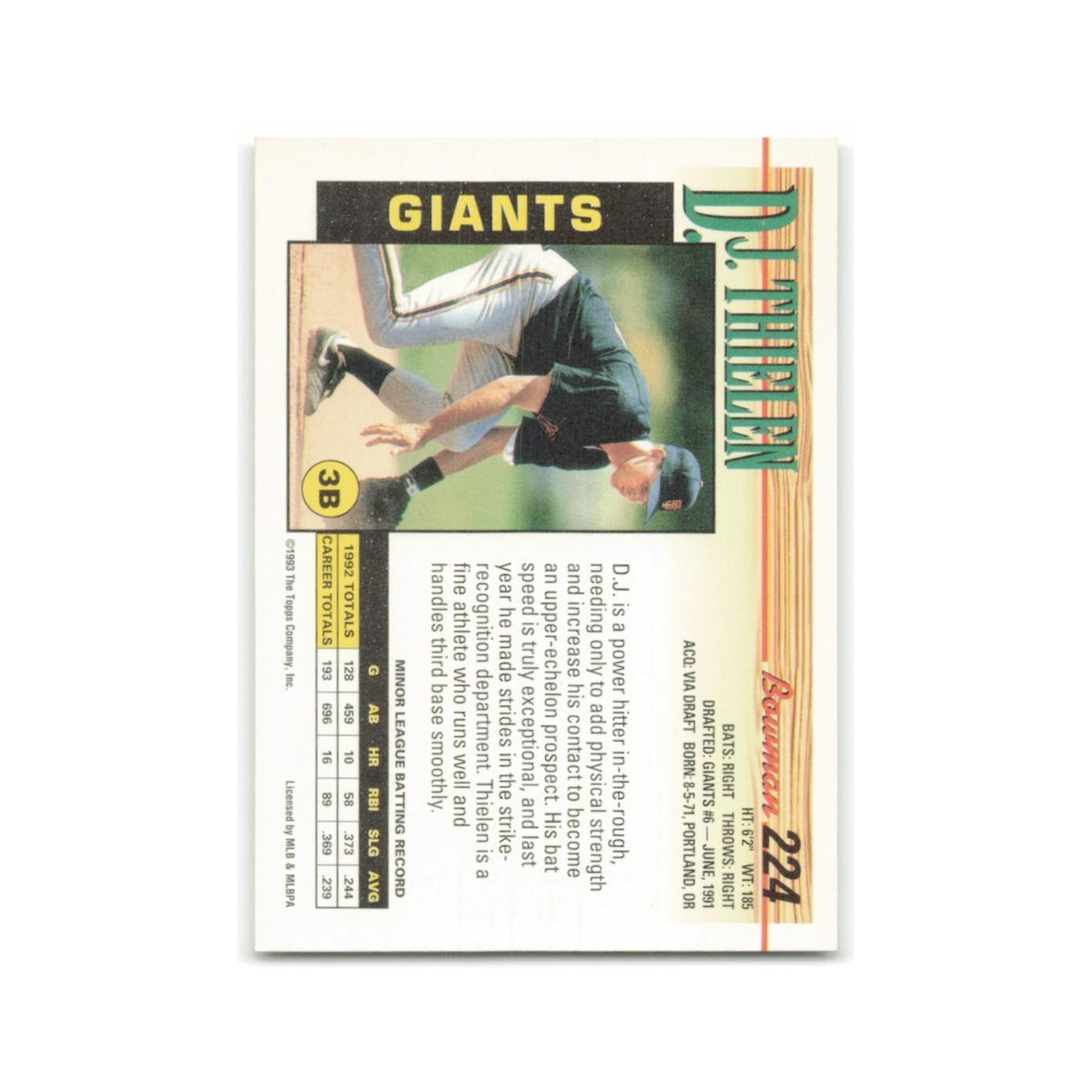 D.J. Thielen Rookie 1993 Bowman #224 San Francisco Giants Baseball Card NM
