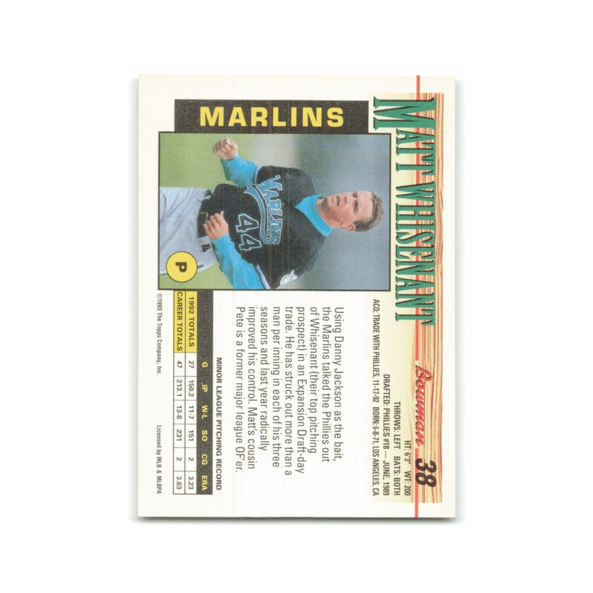 Matt Whisenant Rookie 1993 Bowman #38 Florida Marlins Baseball Card NM