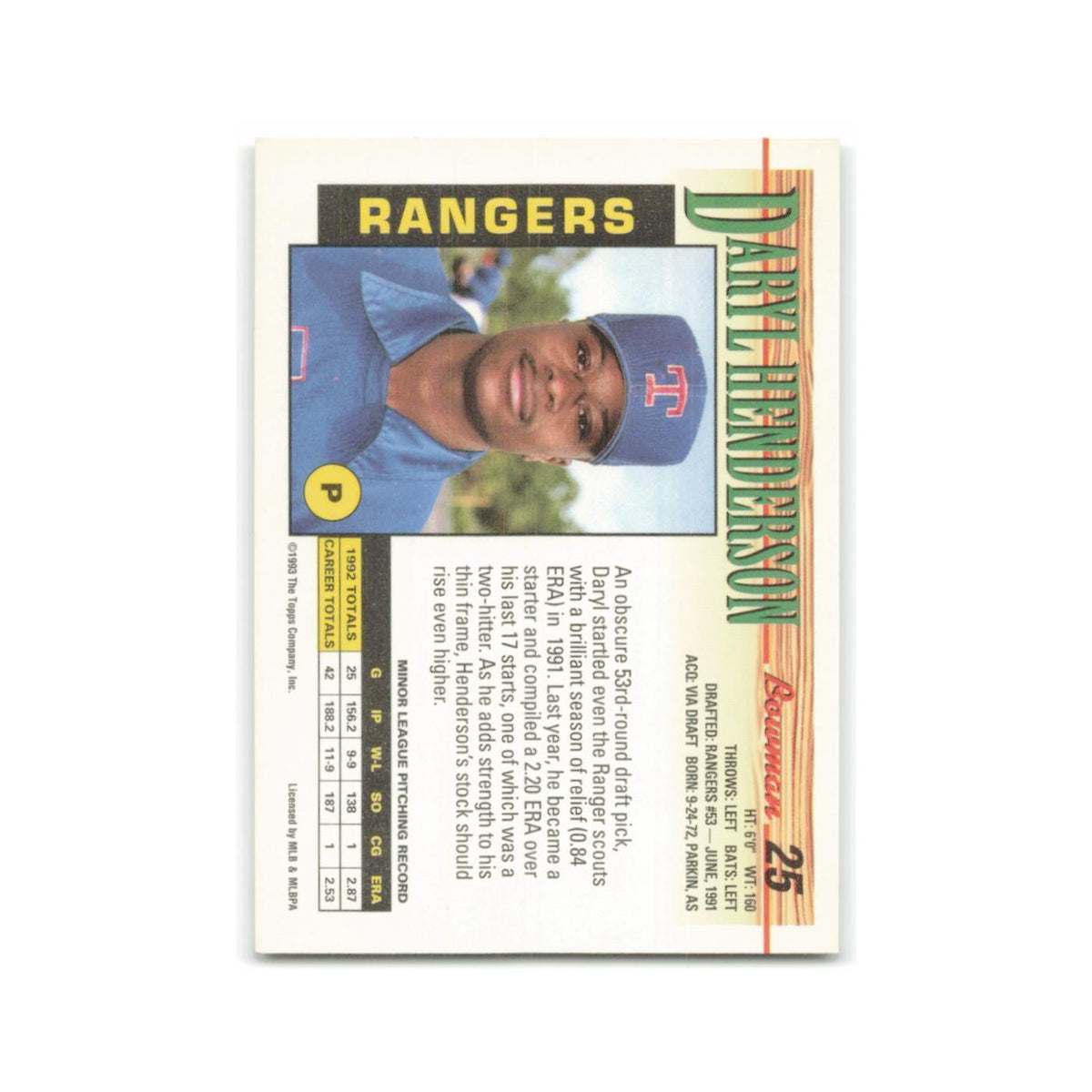 Daryl Henderson Rookie 1993 Bowman #25 Texas Rangers Baseball Card NM
