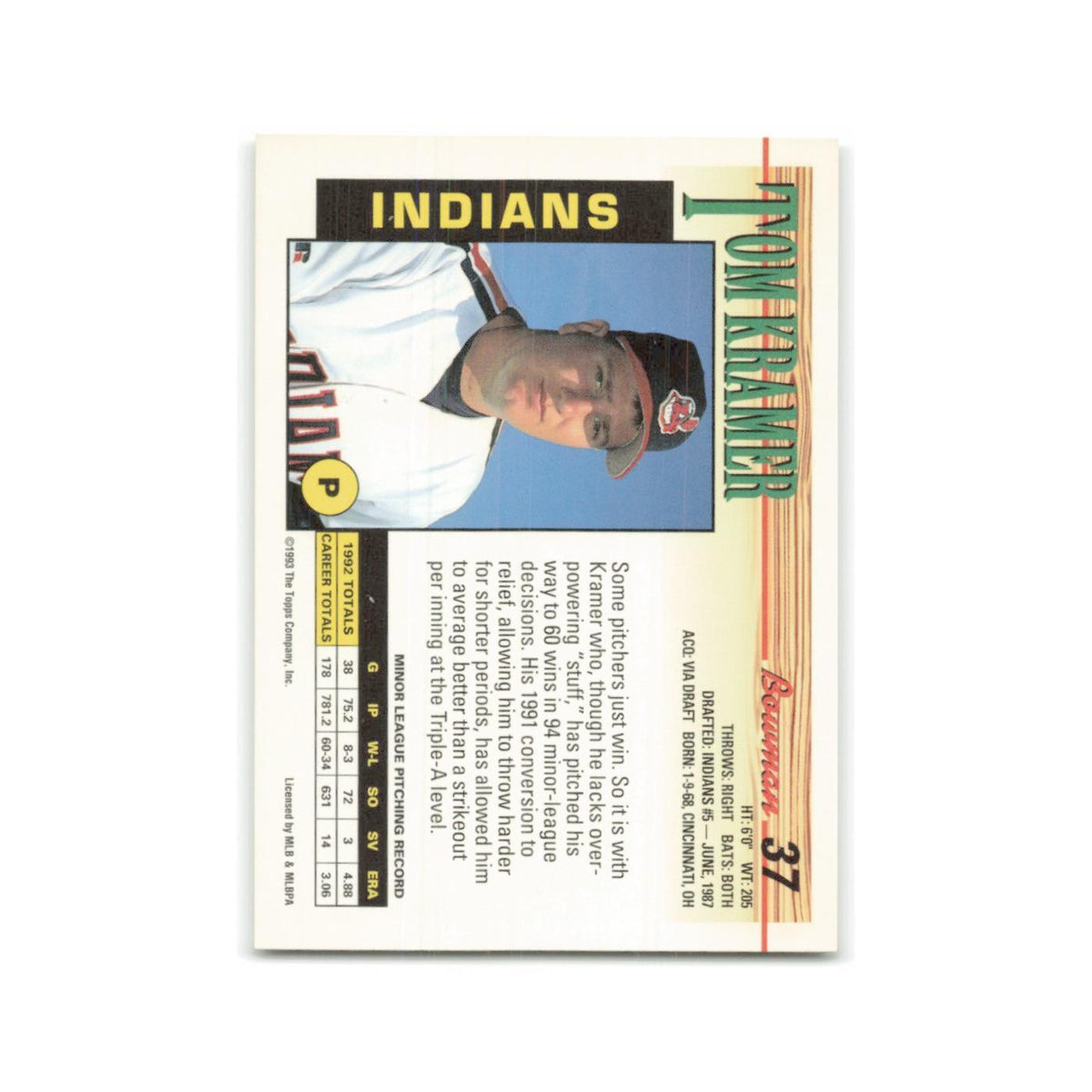 Tom Kramer Rookie 1993 Bowman #37 Cleveland Indians Baseball Card NM