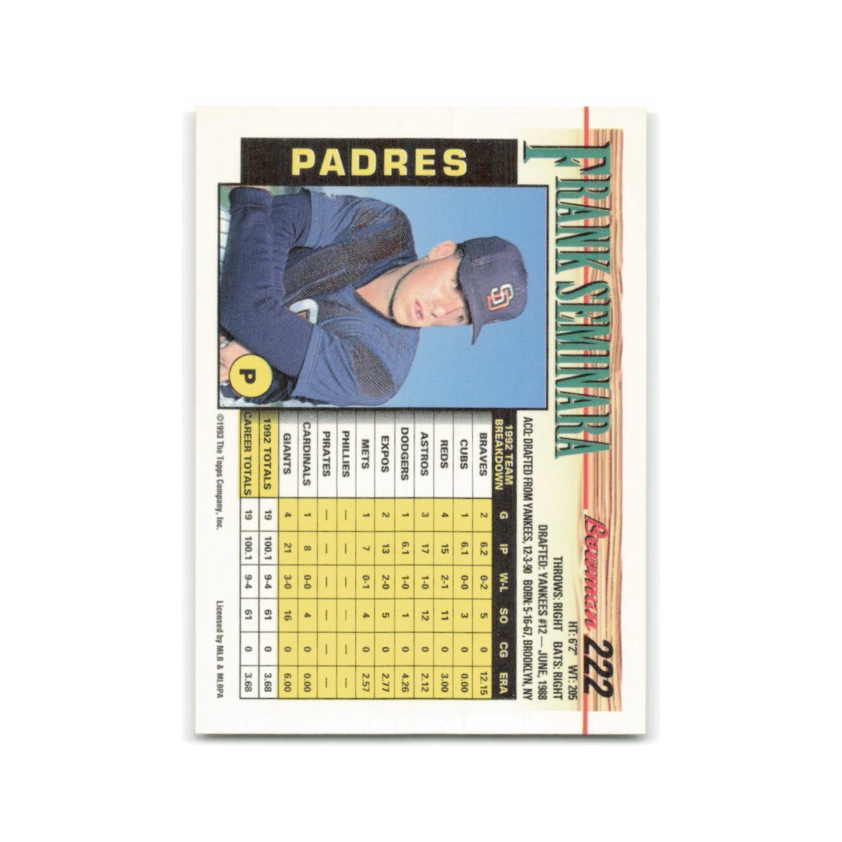 Frank Seminara 1993 Bowman #222 San Diego Padres Baseball Card NM