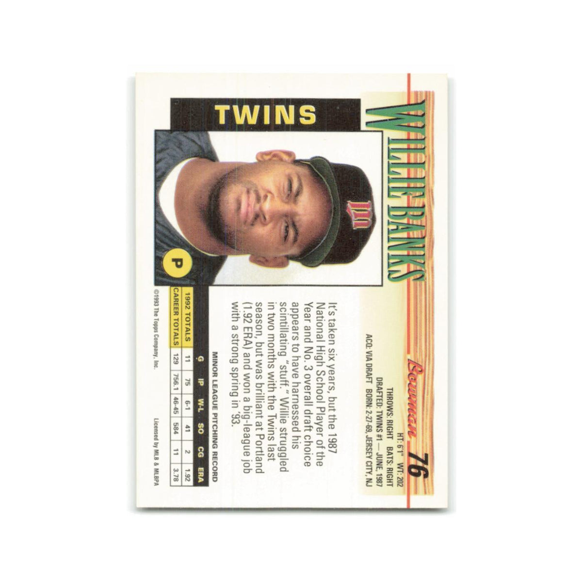 Willie Banks 1993 Bowman #76 Minnesota Twins Baseball Card NM