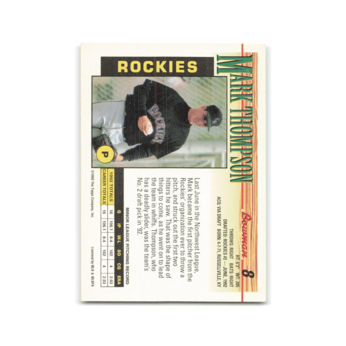 Mark Thompson Rookie 1993 Bowman #8 Colorado Rockies Baseball Card NM