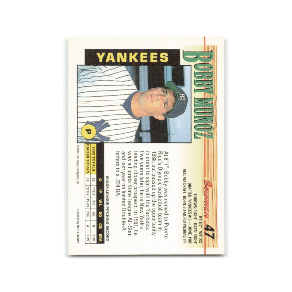 Bobby Munoz 1993 Bowman #47 New York Yankees Baseball Card NM