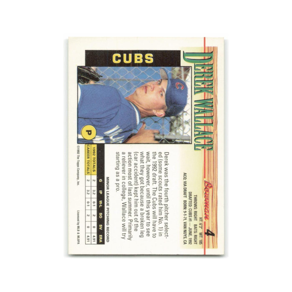 Derek Wallace Rookie 1993 Bowman #4 Chicago Cubs Baseball Card NM
