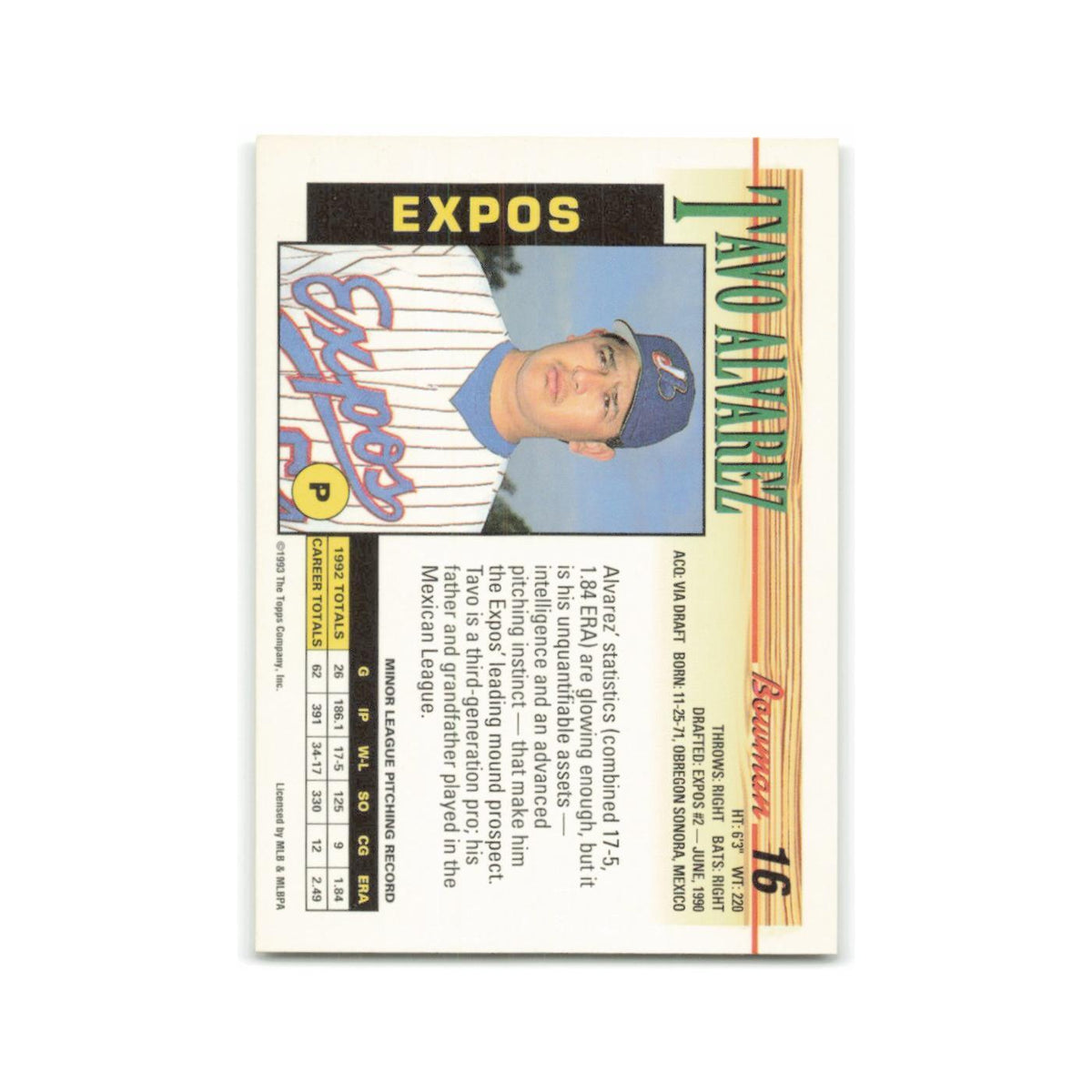 Tavo Alvarez 1993 Bowman #16 Montreal Expos Baseball Card NM