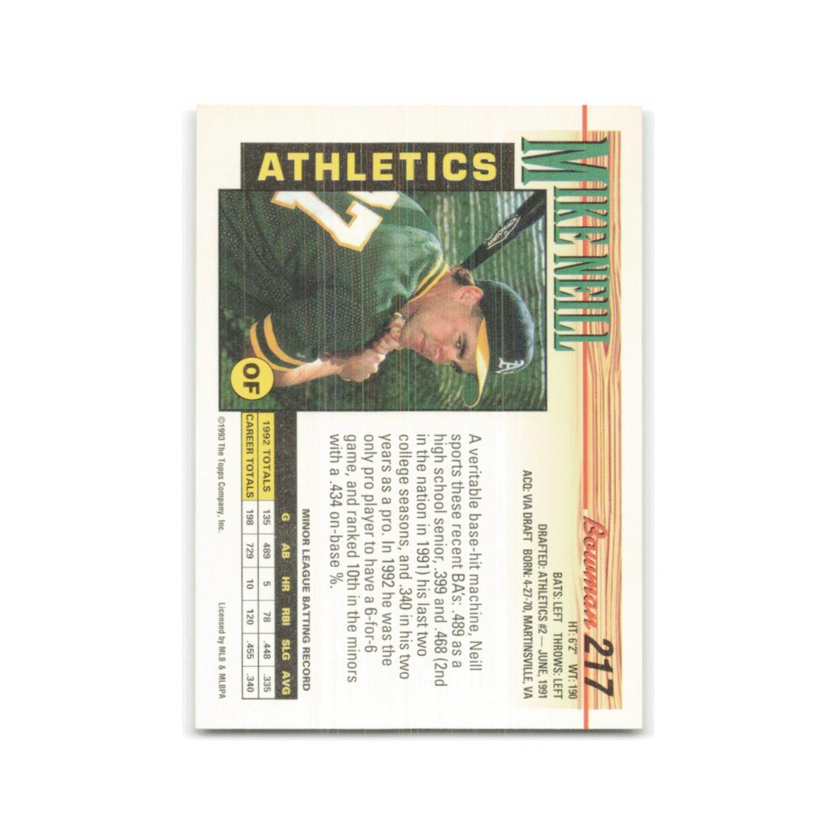 Mike Neill 1993 Bowman #217 Oakland Athletics Baseball Card NM