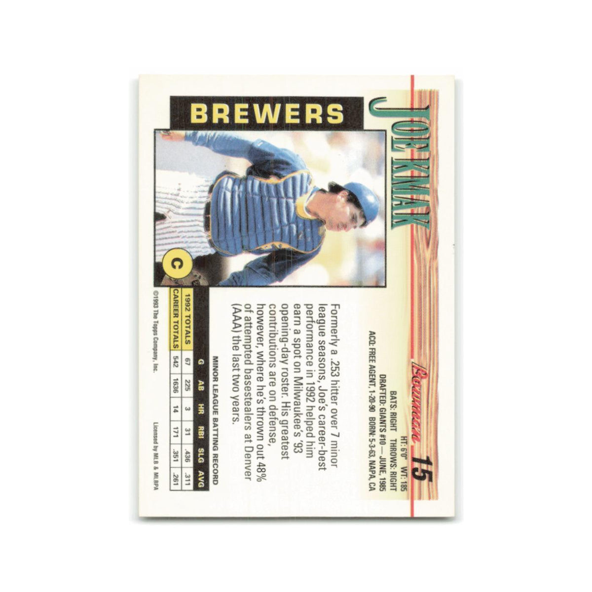 Joe Kmak 1993 Bowman #15 Milwaukee Brewers Baseball Card NM