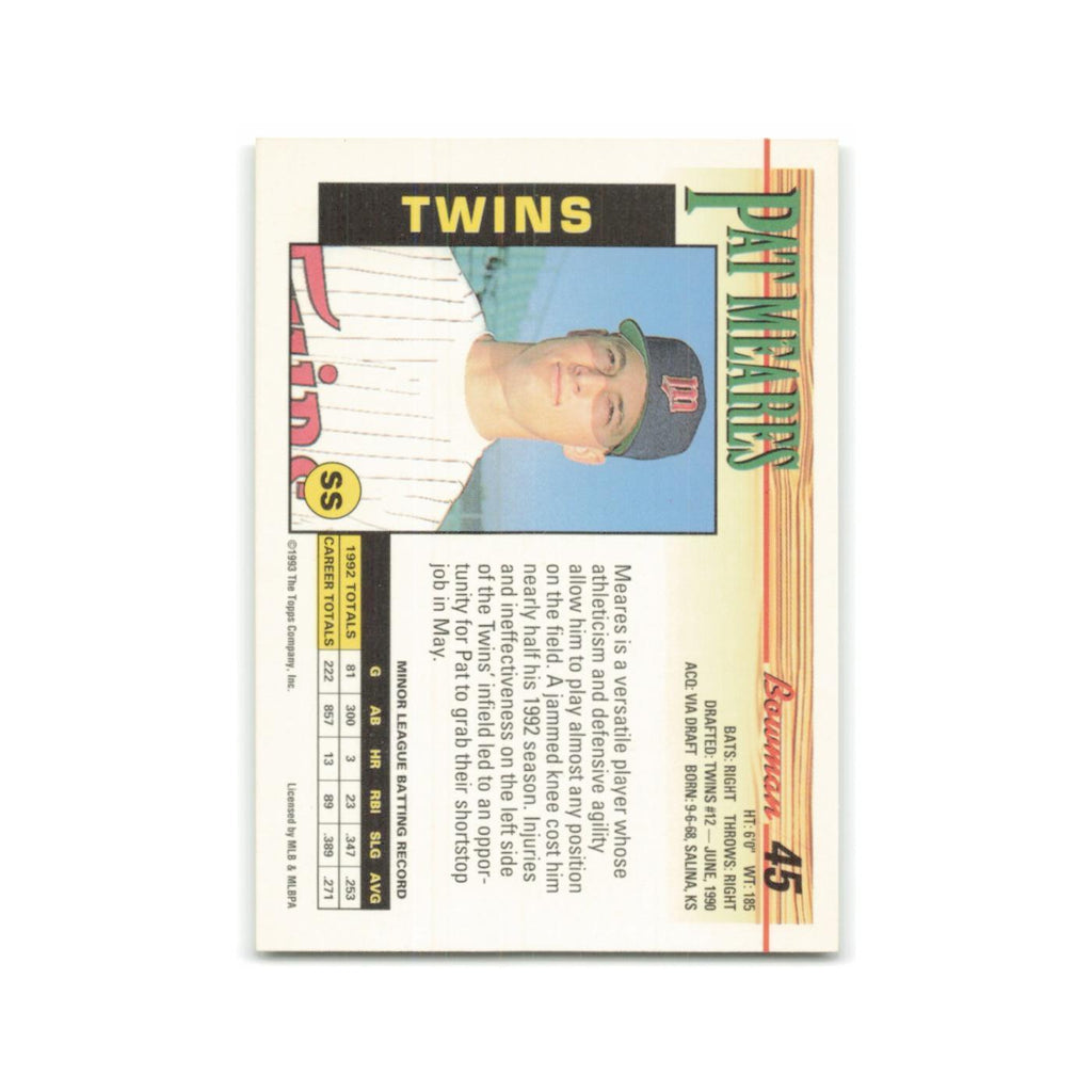 Pat Meares Rookie 1993 Bowman #45 Minnesota Twins Baseball Card NM