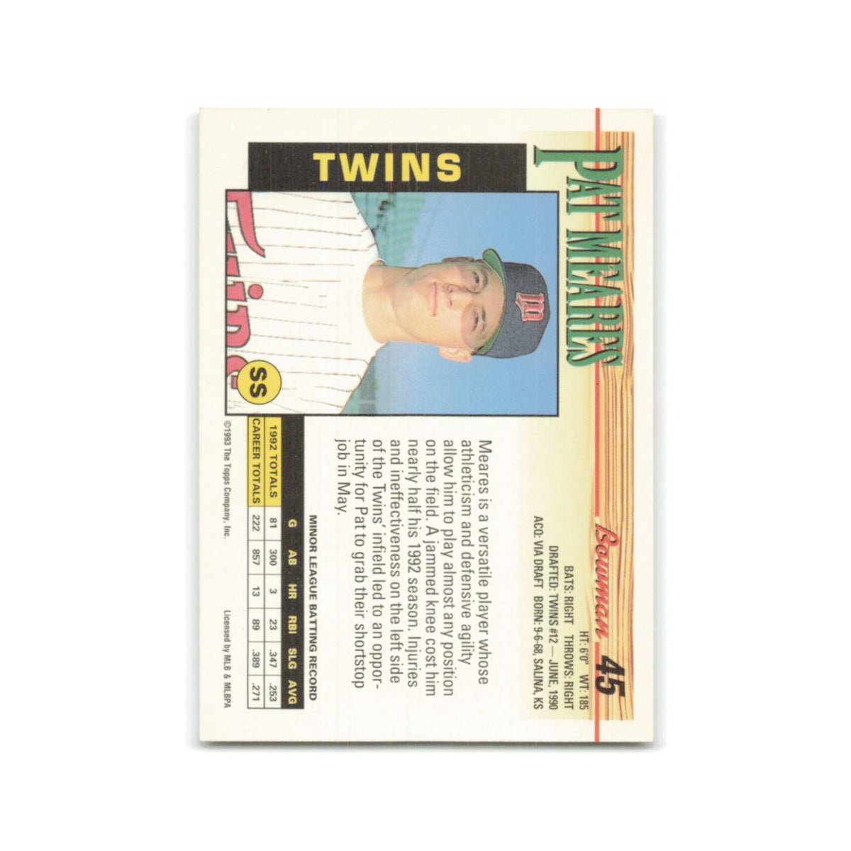 Pat Meares Rookie 1993 Bowman #45 Minnesota Twins Baseball Card NM