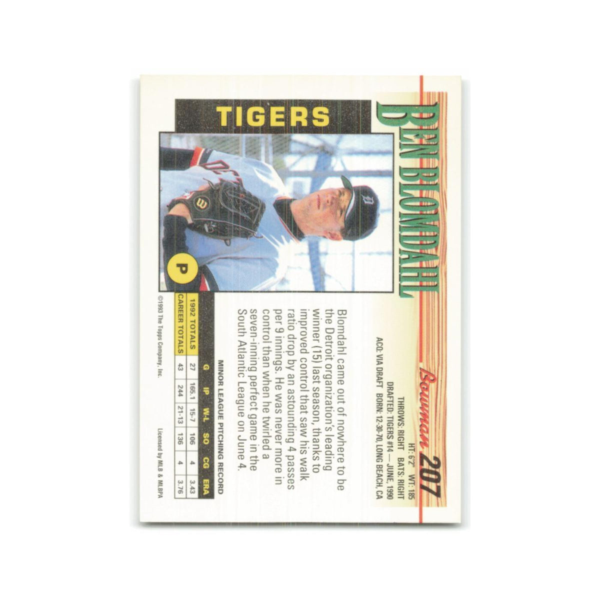 Ben Blomdahl Rookie 1993 Bowman #207 Detroit Tigers Baseball Card NM