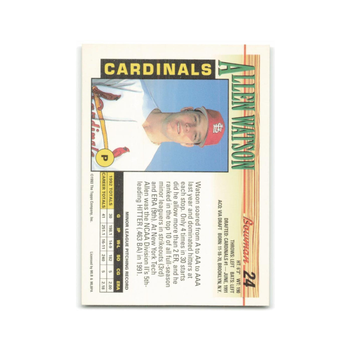 Allen Watson 1993 Bowman #24 St. Louis Cardinals Baseball Card NM