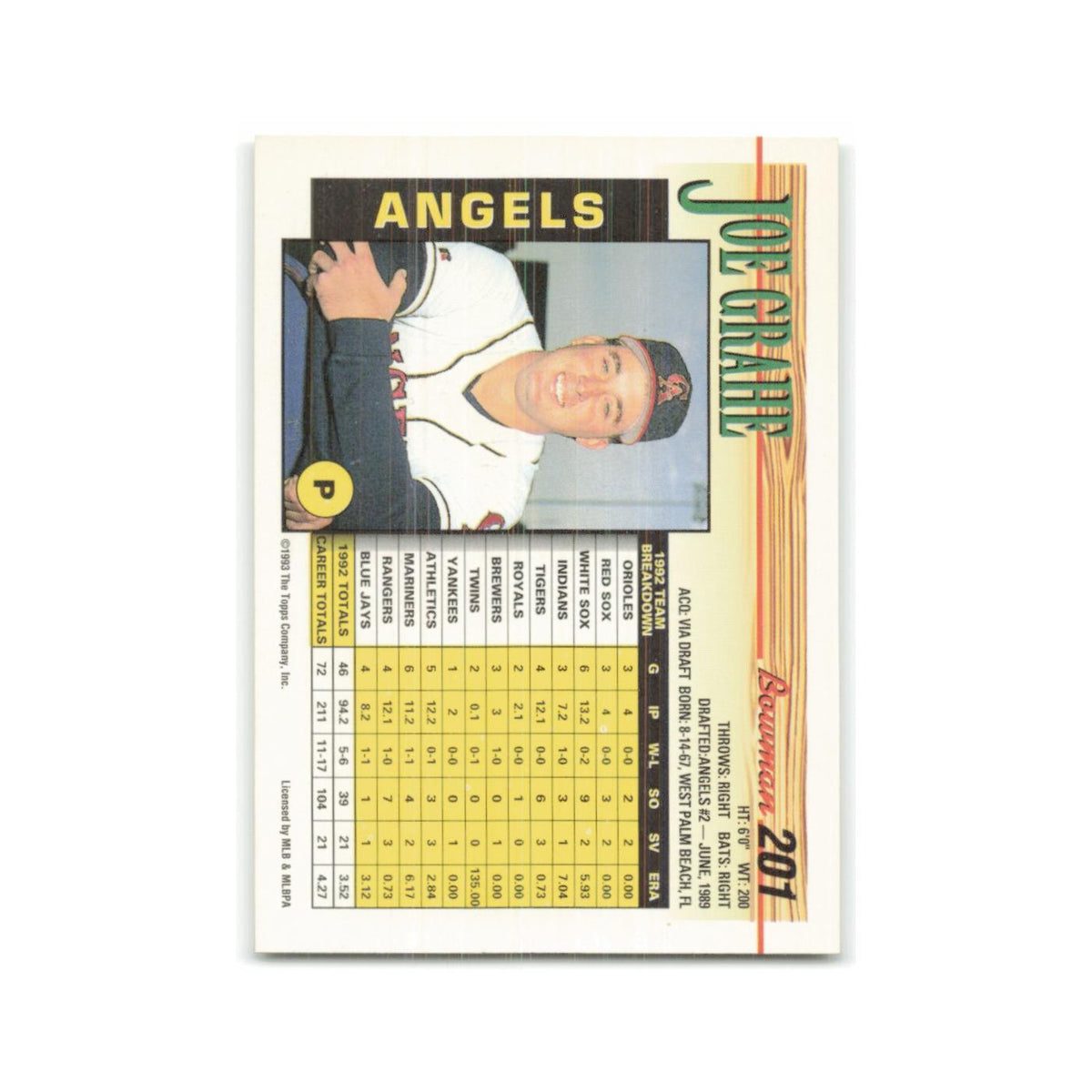 Joe Grahe 1993 Bowman #201 California Angels Baseball Card NM