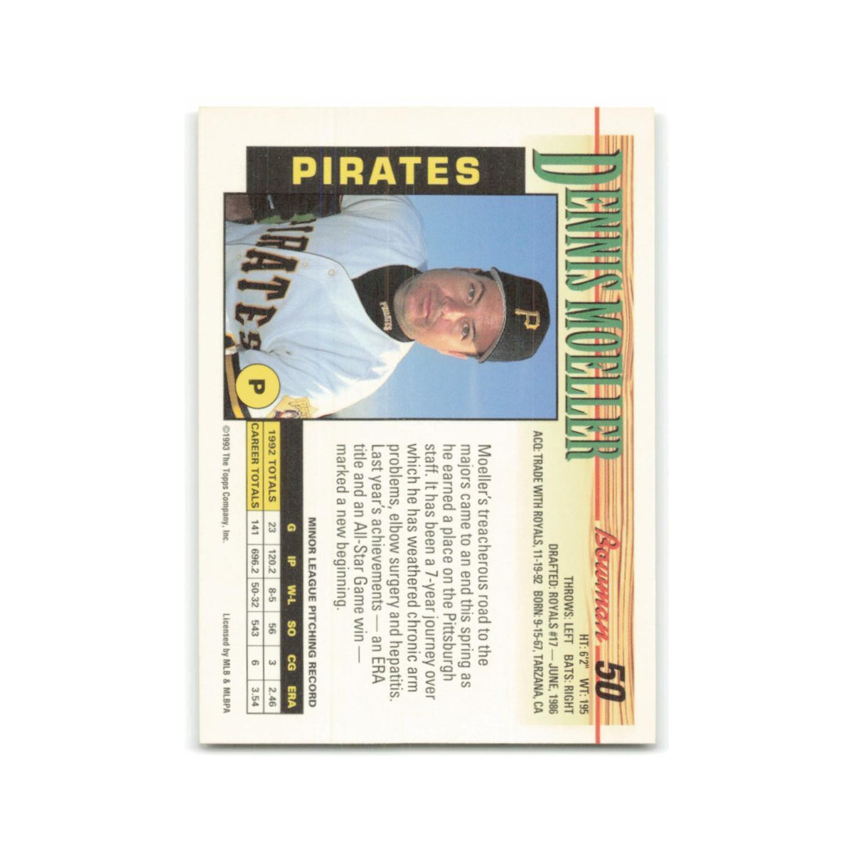 Dennis Moeller 1993 Bowman #50 Pittsburgh Pirates Baseball Card NM