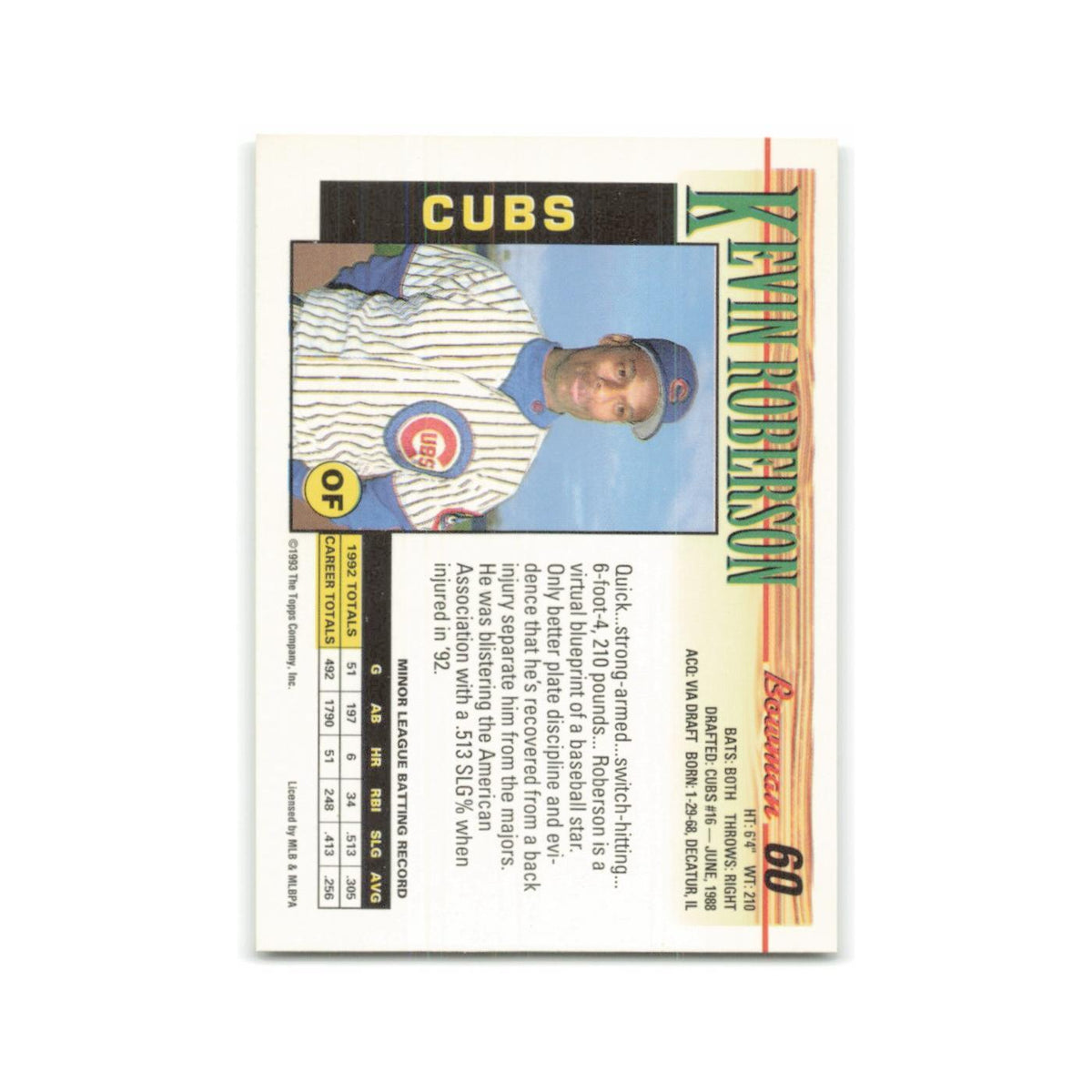 Kevin Roberson Rookie 1993 Bowman #60 Chicago Cubs Baseball Card NM