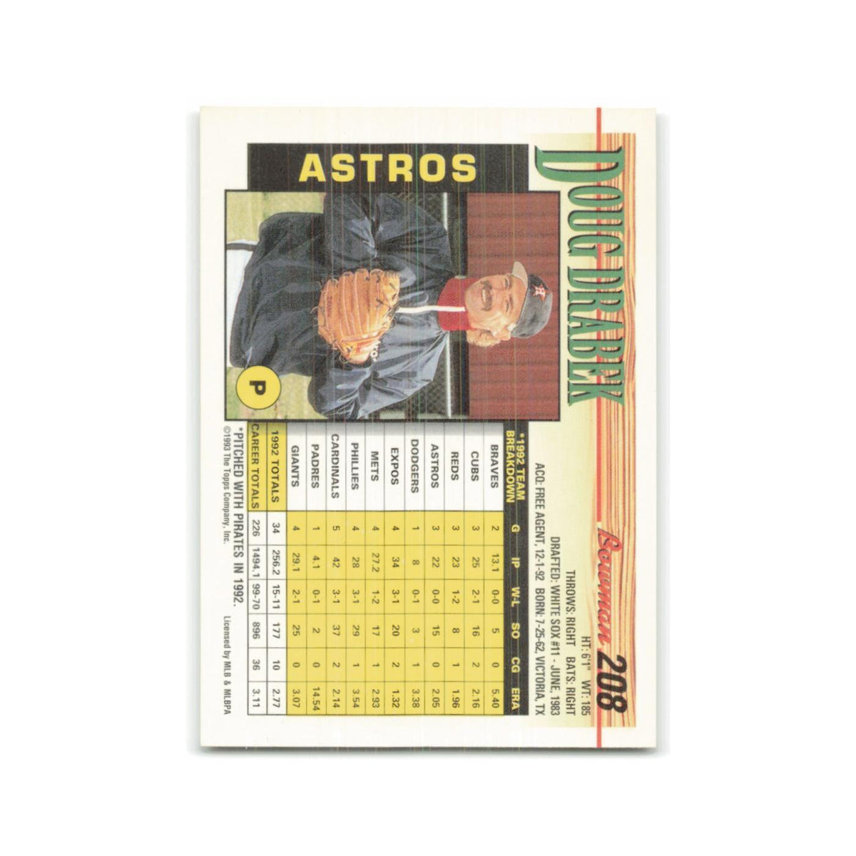 Doug Drabek 1993 Bowman #208 Houston Astros Baseball Card NM