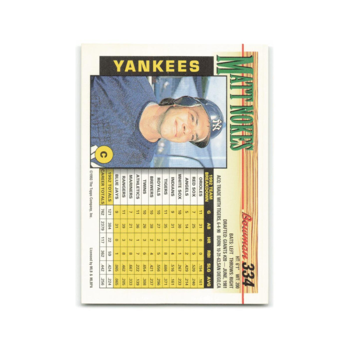 Matt Nokes 1993 Bowman #334 New York Yankees Baseball Card NM