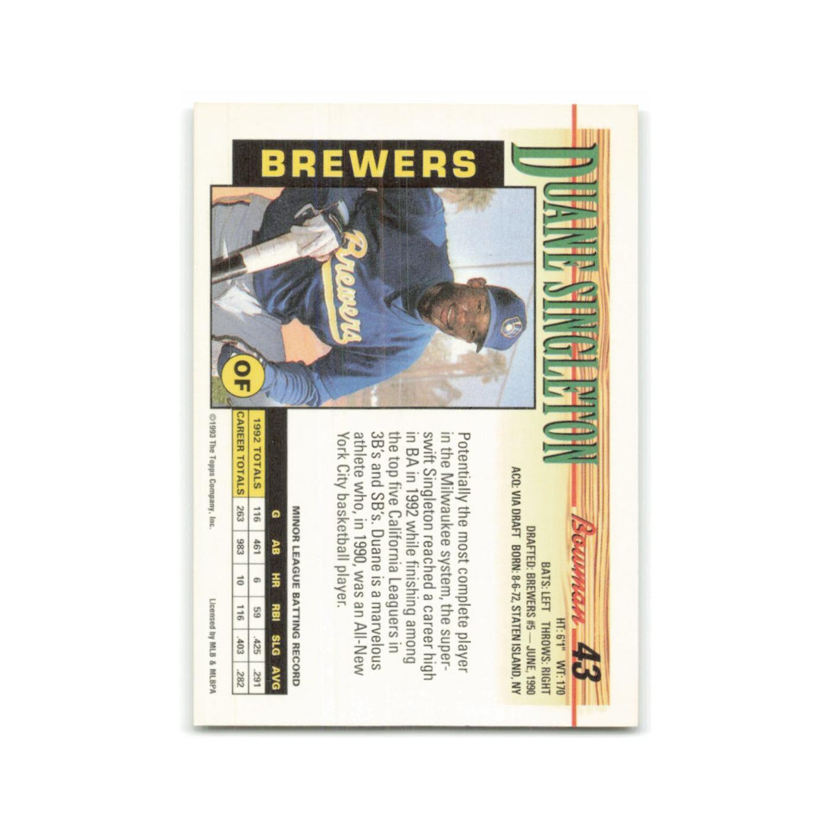 Duane Singleton 1993 Bowman #43 Milwaukee Brewers Baseball Card NM