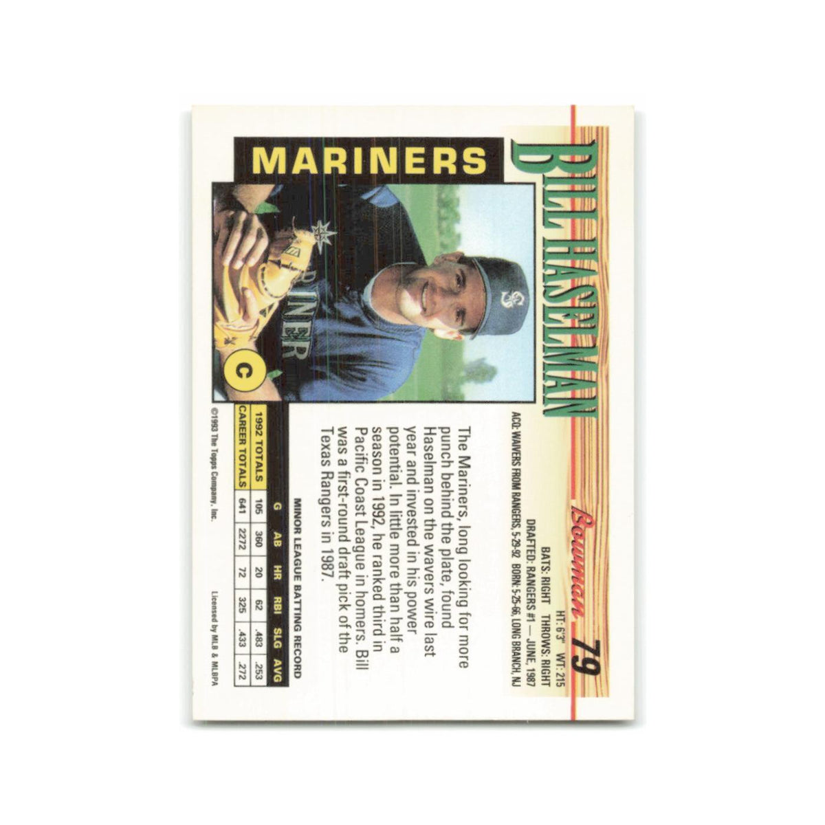 Bill Haselman 1993 Bowman #79 Seattle Mariners Baseball Card NM