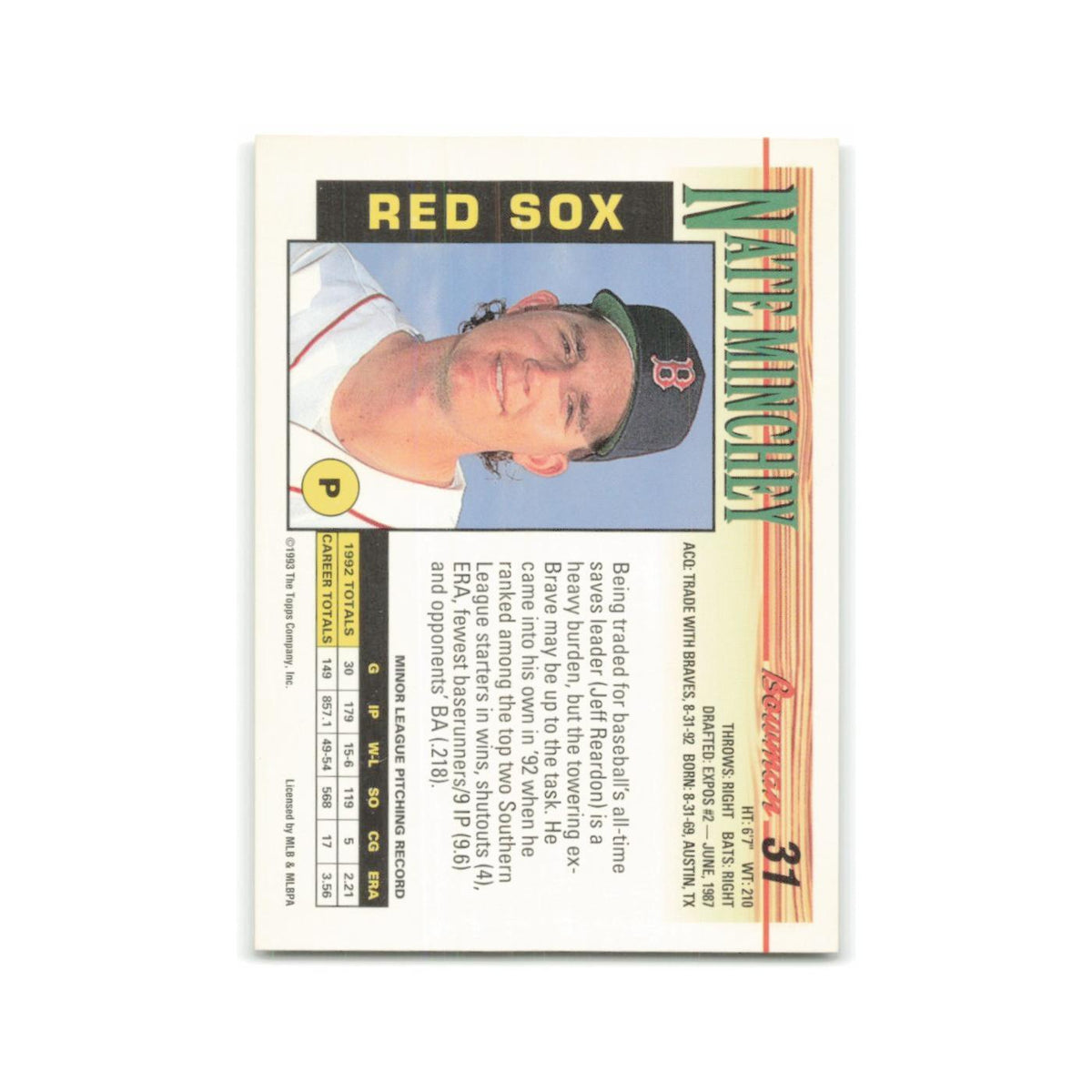 Nate Minchey Rookie 1993 Bowman #31 Boston Red Sox Baseball Card NM