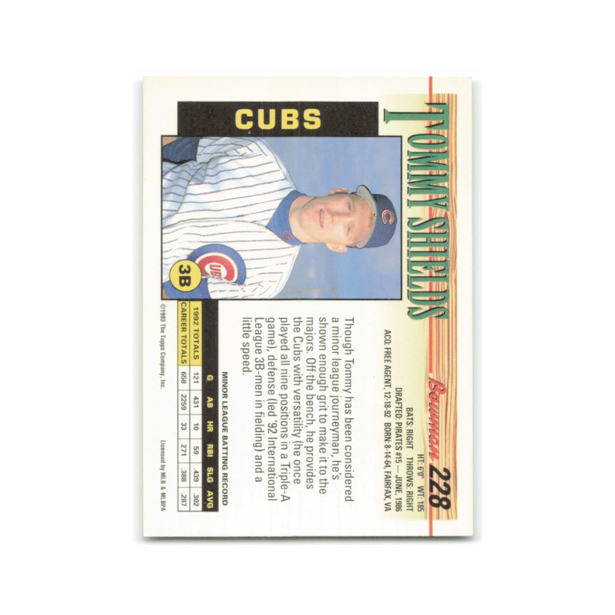 Tommy Shields Rookie 1993 Bowman #228 Chicago Cubs Baseball Card NM