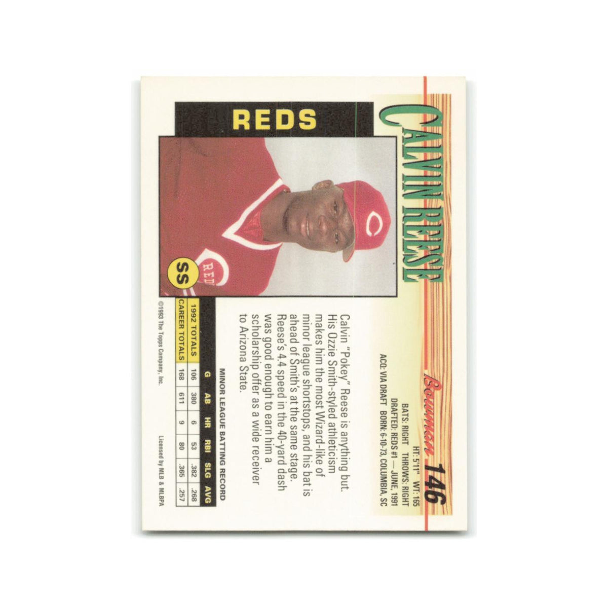 Calvin Reese 1993 Bowman #146 Cincinnati Reds Baseball Card NM