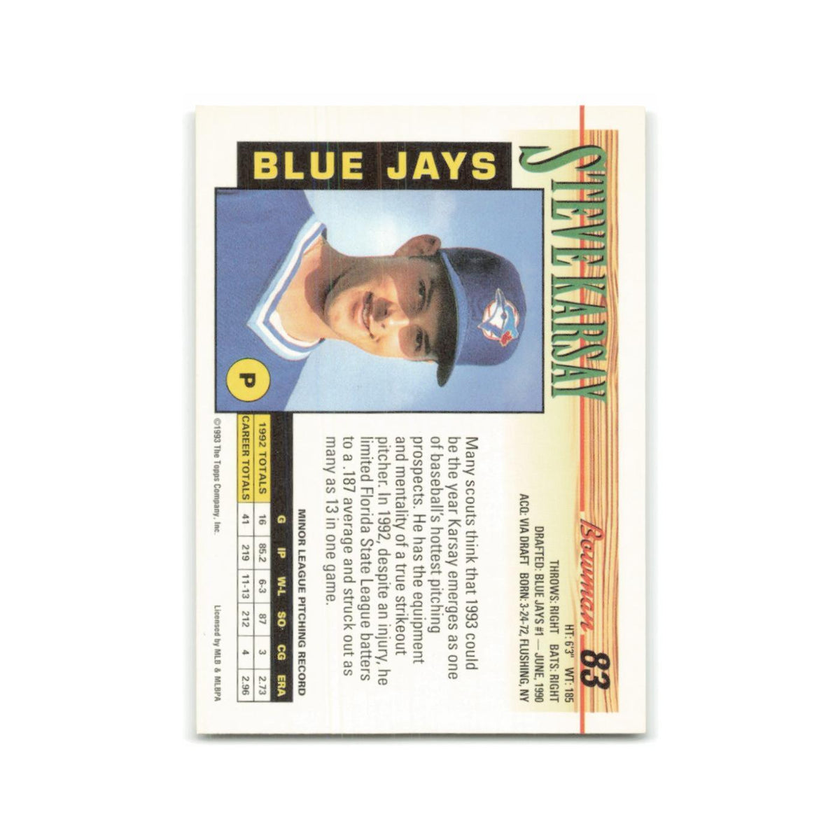 Steve Karsay 1993 Bowman #83 Toronto Blue Jays Baseball Card NM