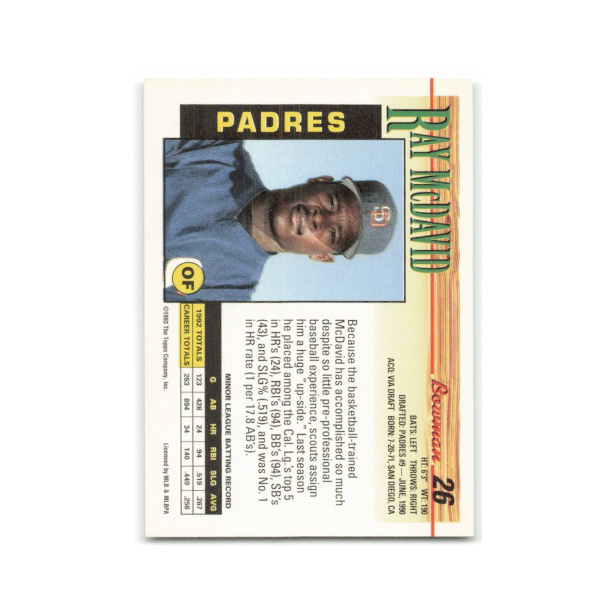 Ray McDavid Rookie 1993 Bowman #26 San Diego Padres Baseball Card NM