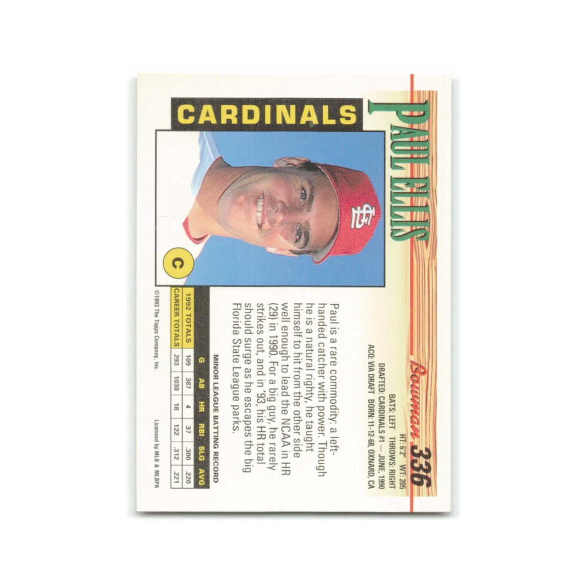 Paul Ellis Rookie 1993 Bowman #336 St. Louis Cardinals Baseball Card NM