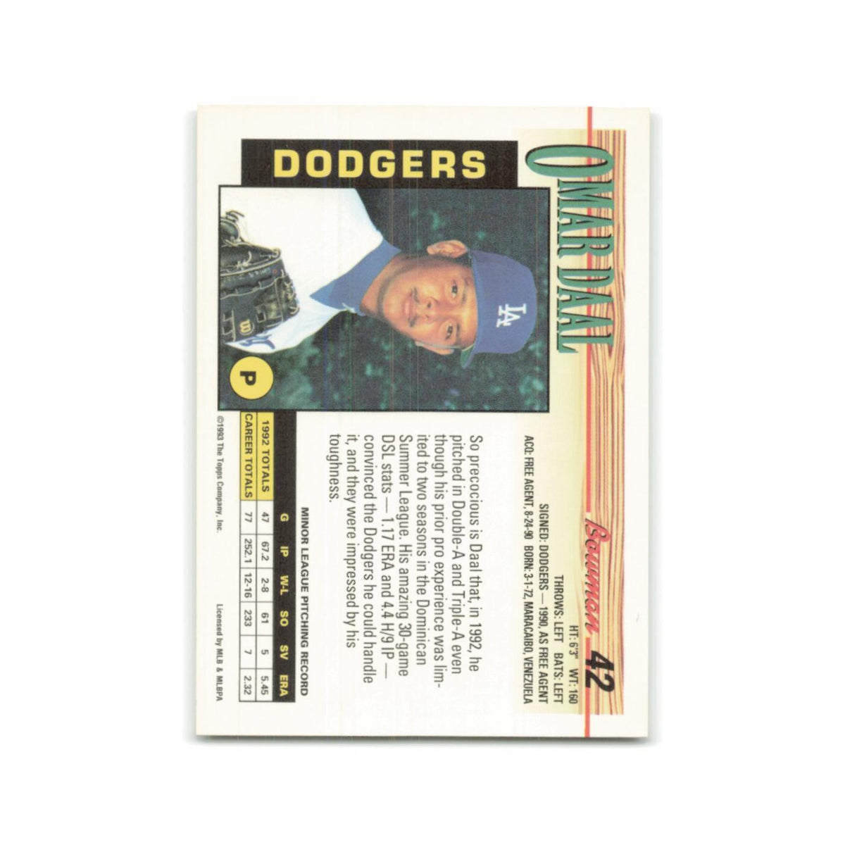 Omar Daal Rookie 1993 Bowman #42 Los Angeles Dodgers Baseball Card NM