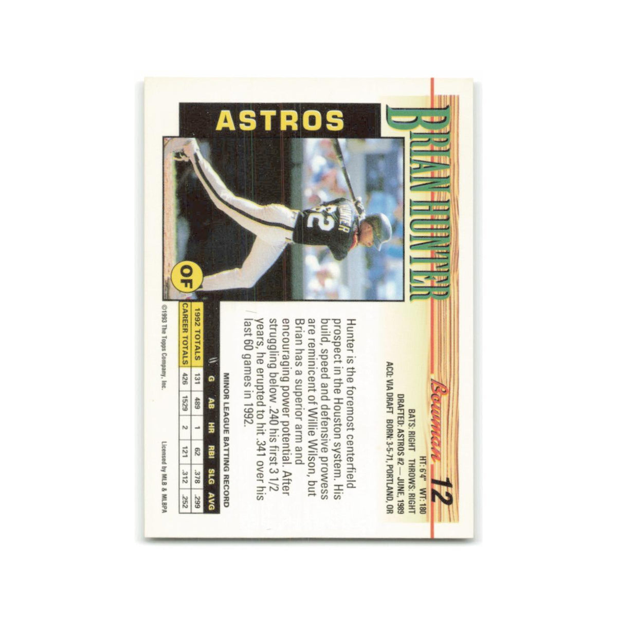 Brian Hunter Rookie 1993 Bowman #12 Houston Astros Baseball Card NM