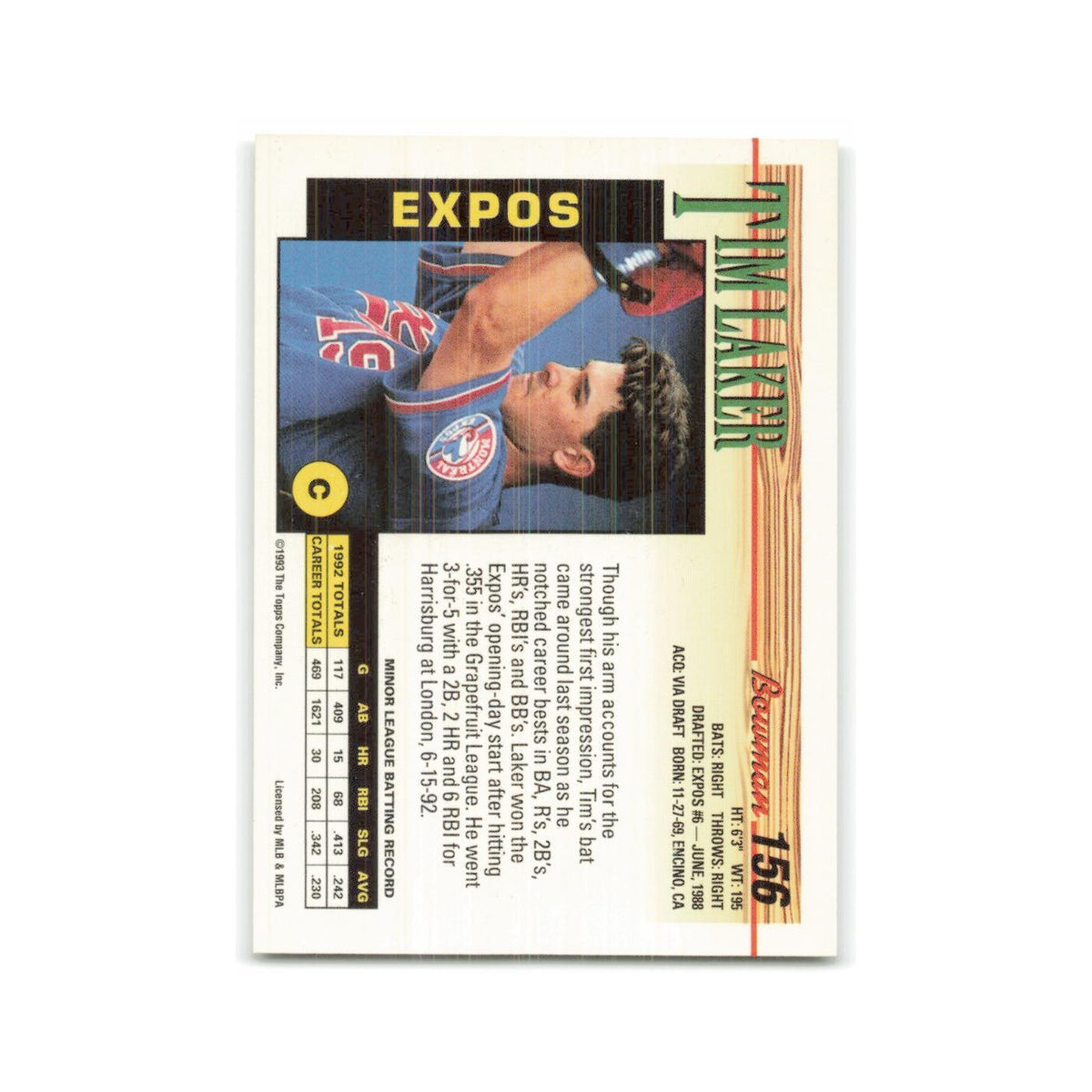 Tim Laker Rookie 1993 Bowman #156 Montreal Expos Baseball Card NM
