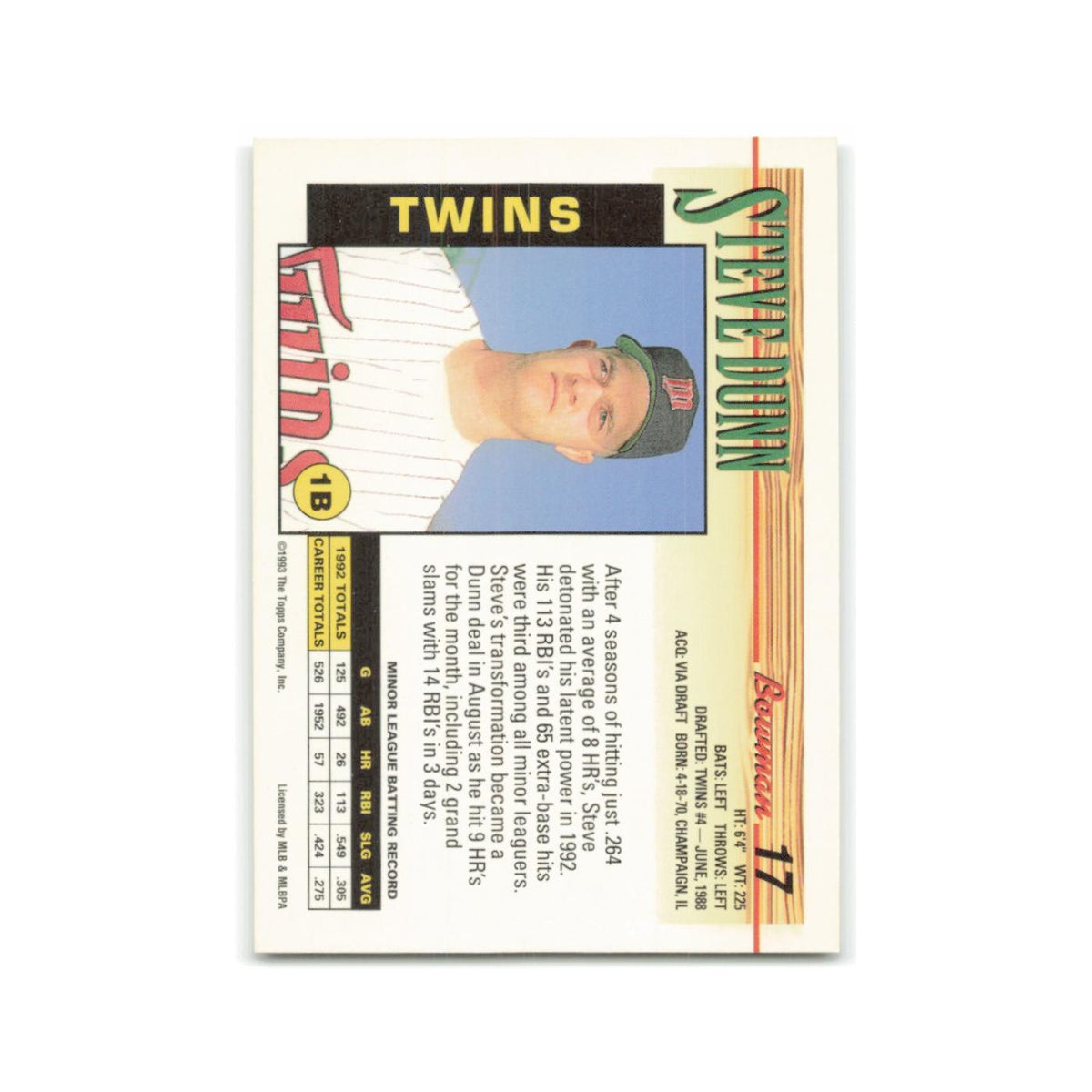 Steve Dunn Rookie 1993 Bowman #17 Minnesota Twins Baseball Card NM
