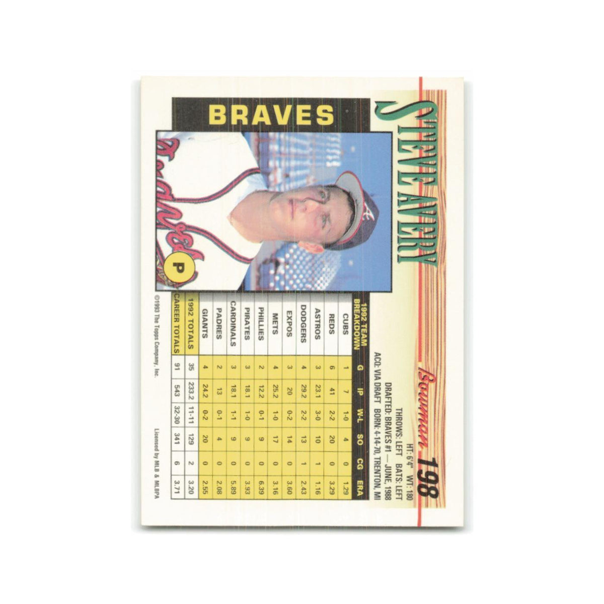 Steve Avery 1993 Bowman #198 Atlanta Braves Baseball Card NM