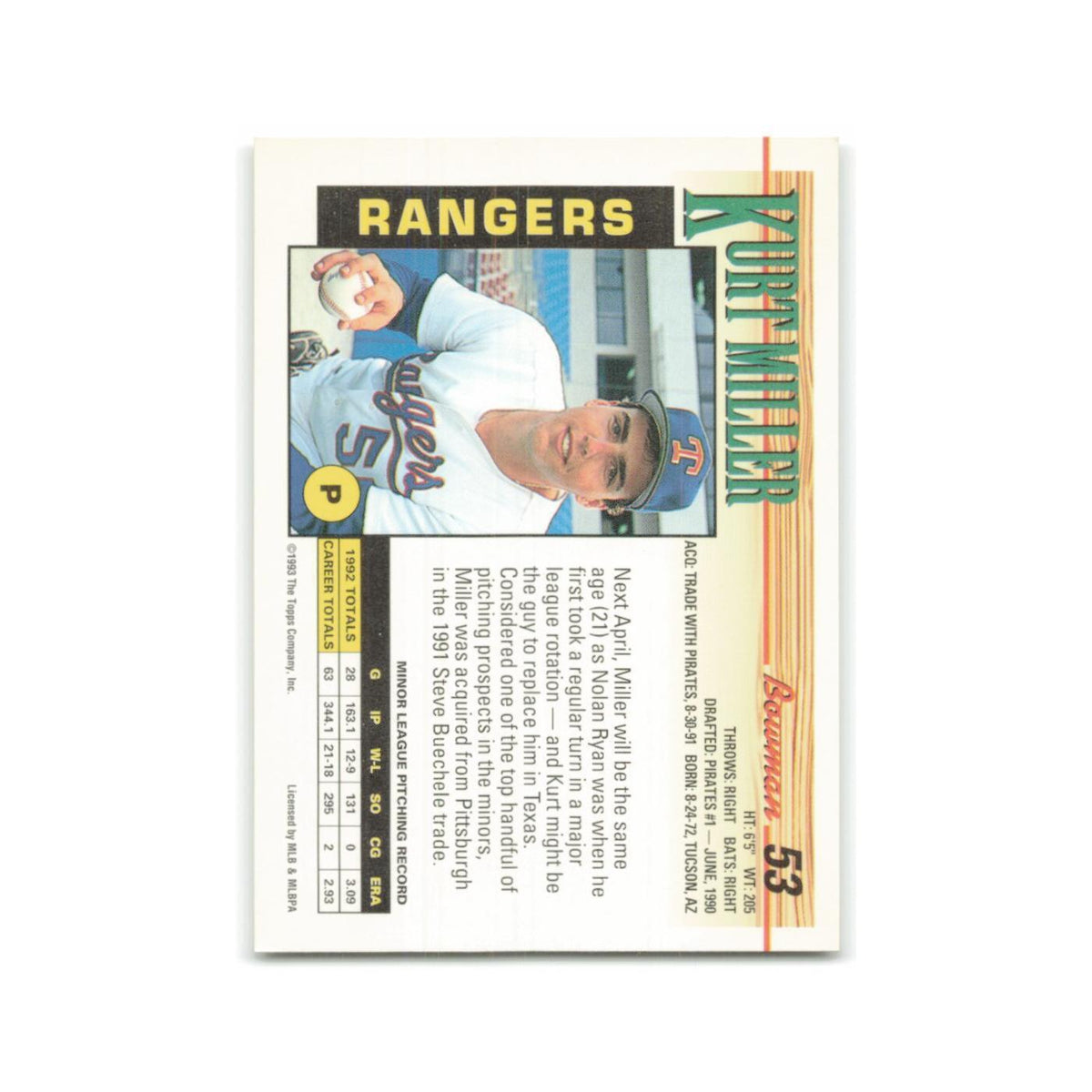 Kurt Miller 1993 Bowman #53 Texas Rangers Baseball Card NM