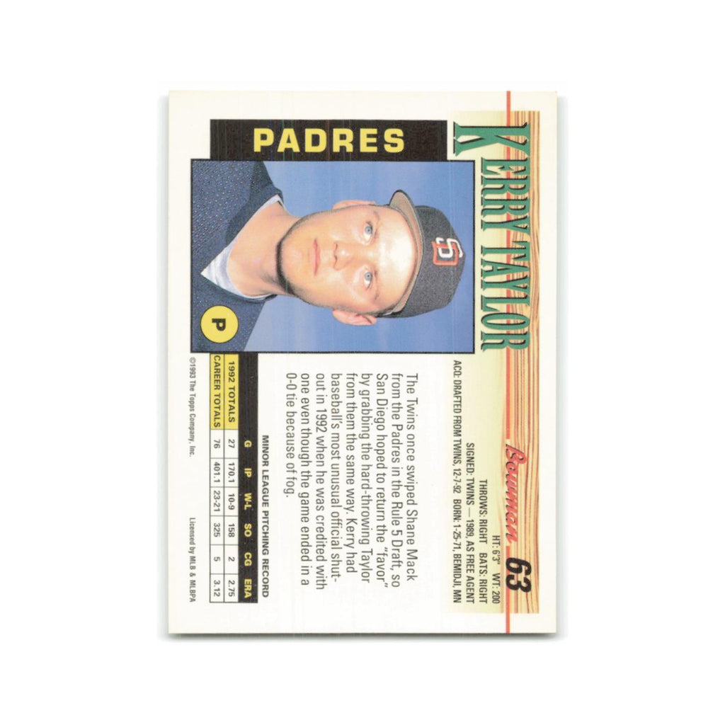 Kerry Taylor Rookie 1993 Bowman #63 San Diego Padres Baseball Card NM