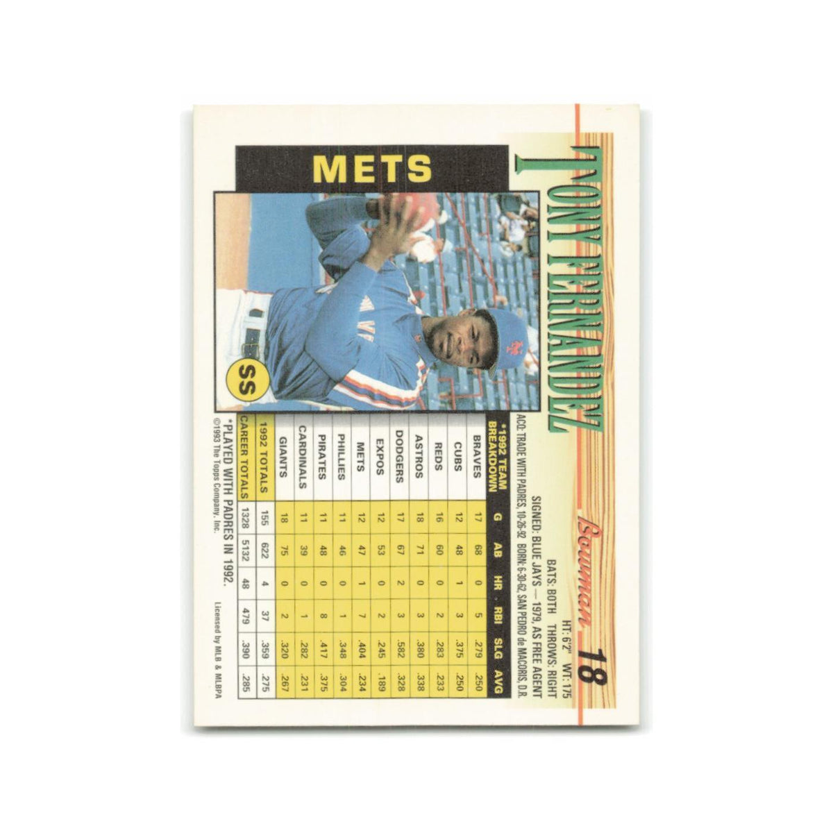 Tony Fernandez 1993 Bowman #18 New York Mets Baseball Card NM