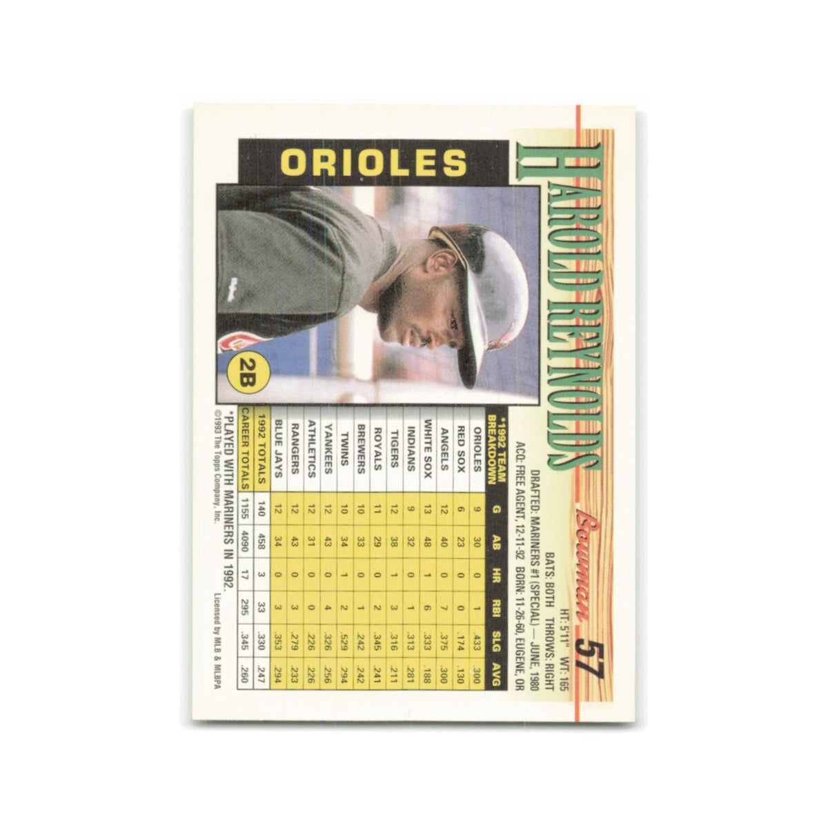 Harold Reynolds 1993 Bowman #57 Baltimore Orioles Baseball Card NM