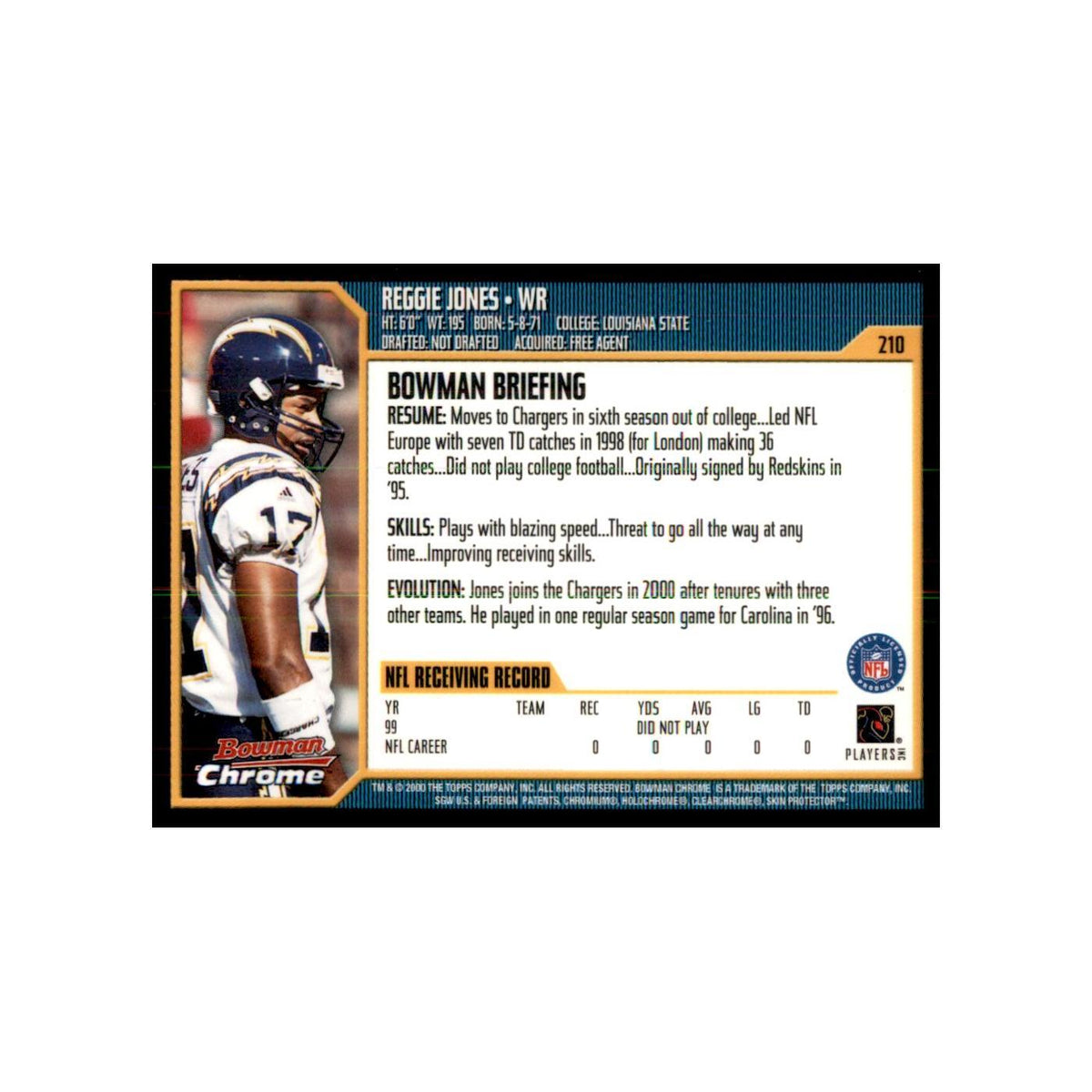 2000 Bowman Chrome Reggie Jones RC Football Cards #210
